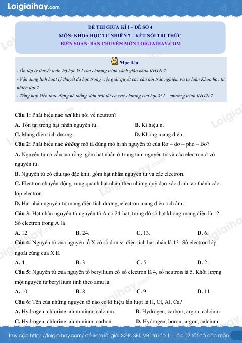 Đề thi giữa kì 1 KHTN 7 Kết nối tri thức - Đề số 4